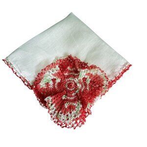 Vintage Womens 3D Handkerchief White Red Crochet Floral Corner Cottage Core